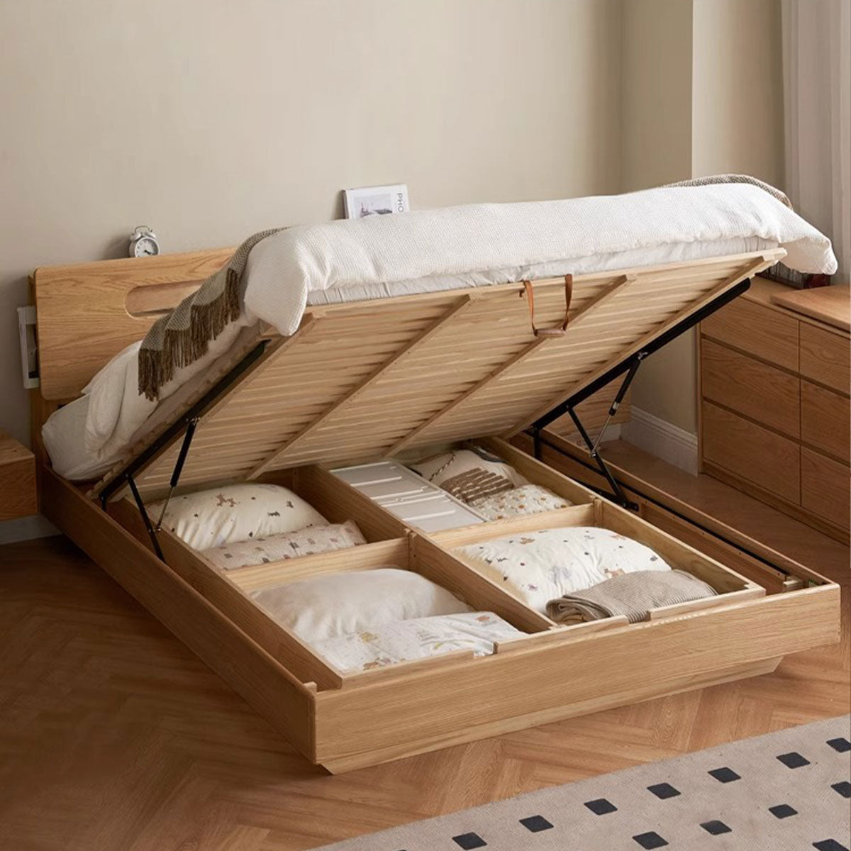 Nordic Solid Wood Oak Floating Headboard with Night Light Storage Box King Queen Size Bed