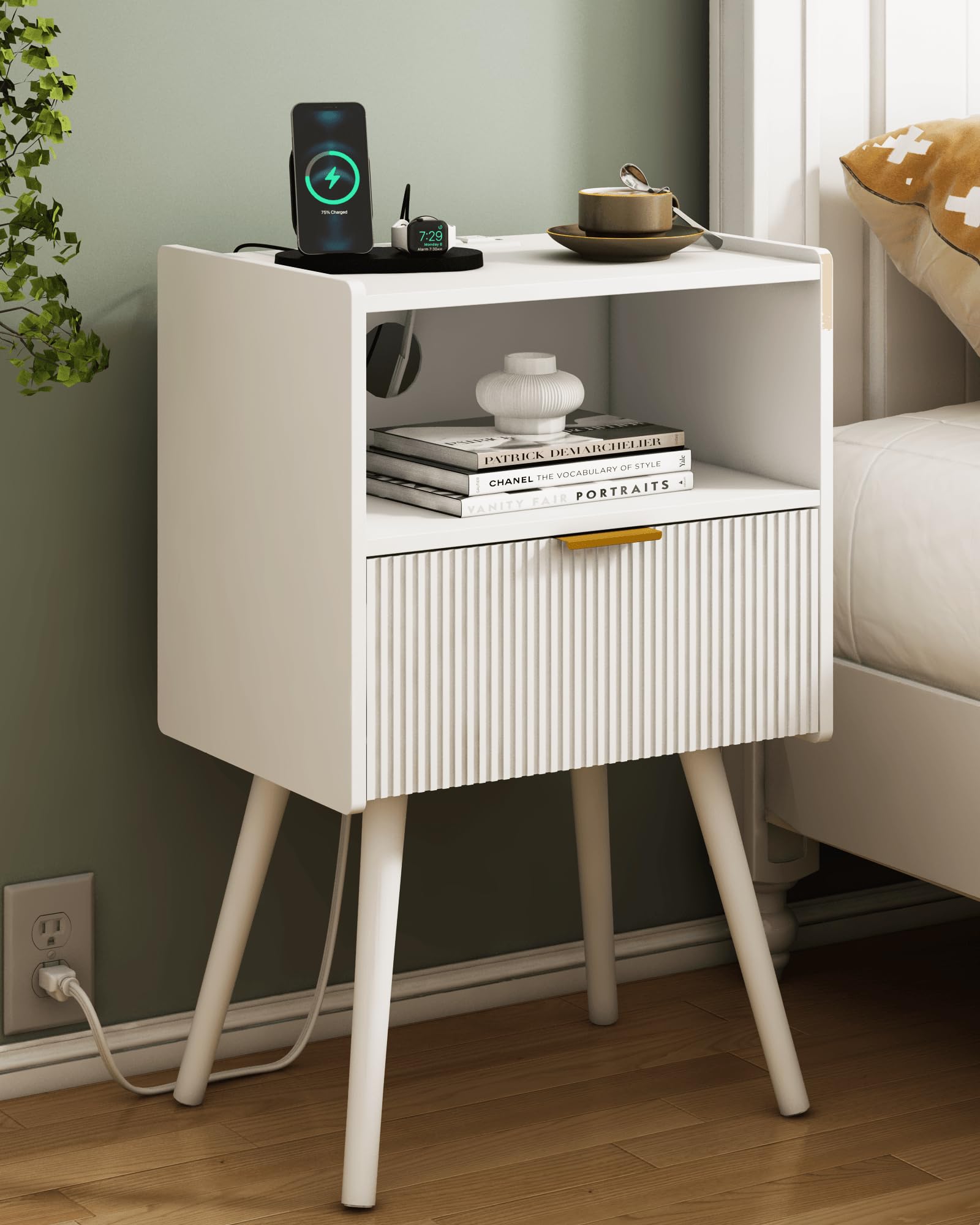 Nightstand,Modern Bedside Table with Storage Drawer and Open Wood Shelf, for Living Room, Bedroom and Small Spaces, Accent Night Stand with Solid Wood Legs, Easy Assembly,Walnut Brown