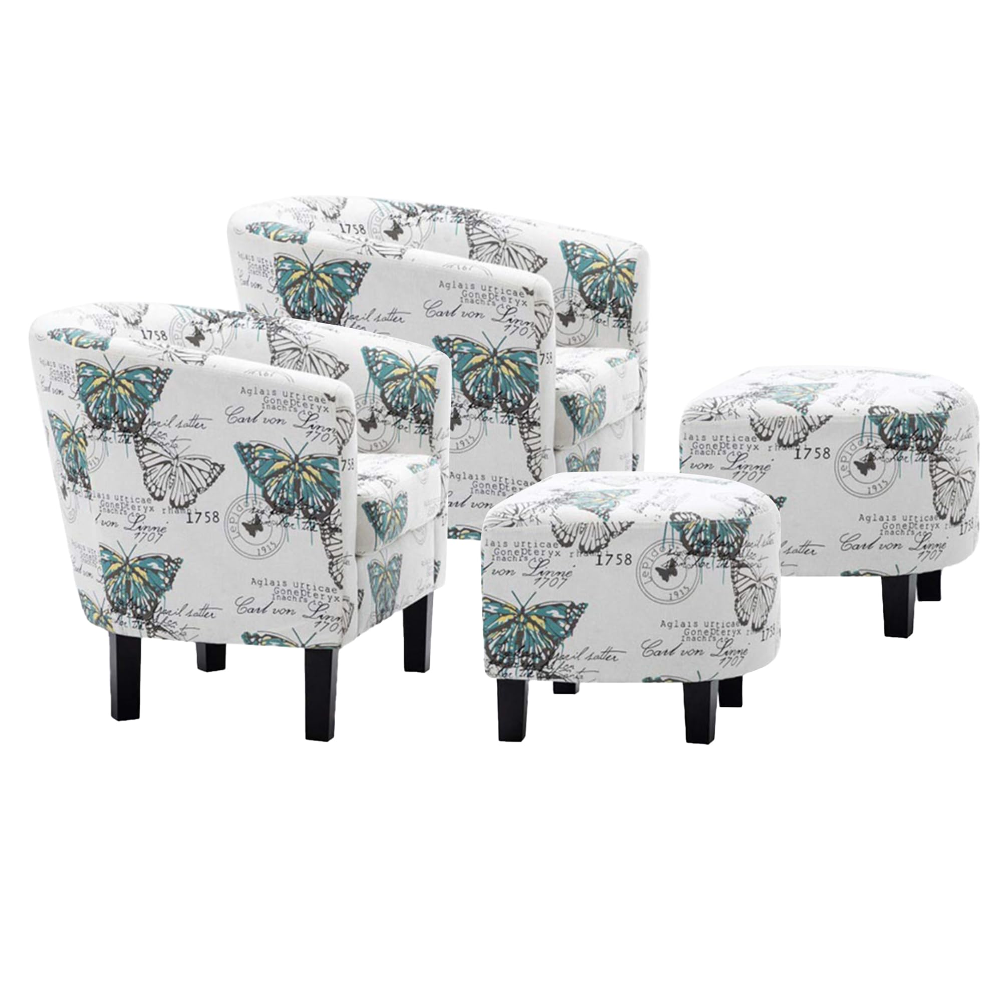 BELLEZE Accent Chair with Ottoman Set, Modern Upholstered Curved Back Chair, Barrel Round Tub Reading Chair and Footrest for Living Room Bedroom - Floral Beige/Linen