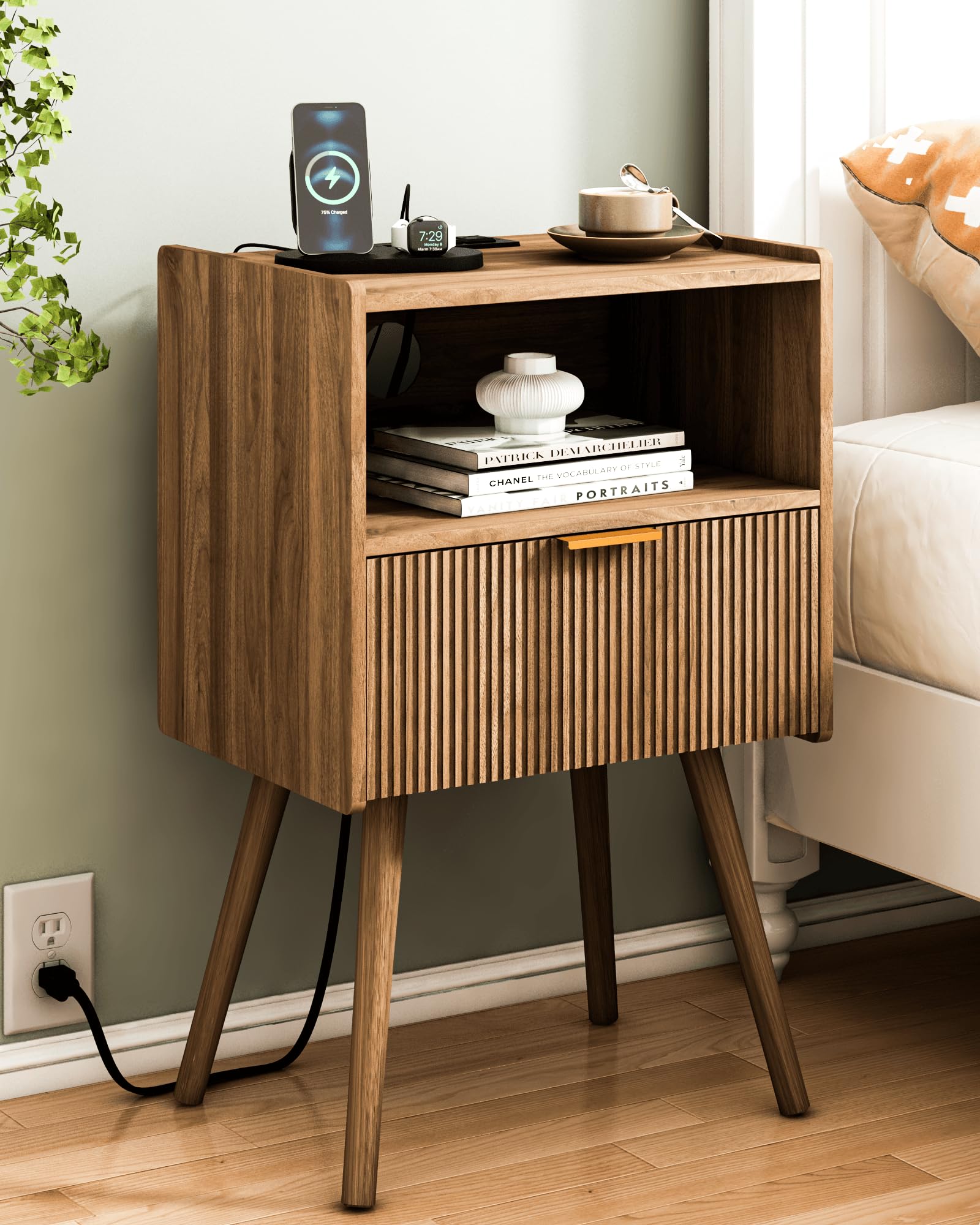Nightstand,Modern Bedside Table with Storage Drawer and Open Wood Shelf, for Living Room, Bedroom and Small Spaces, Accent Night Stand with Solid Wood Legs, Easy Assembly,Walnut Brown