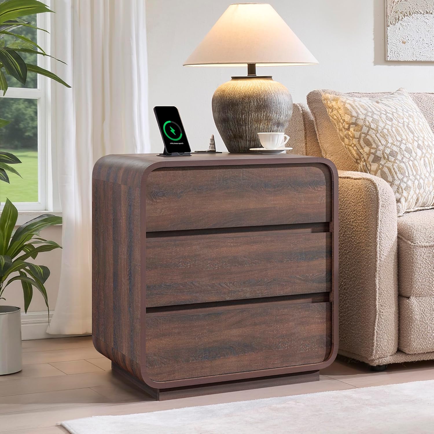 Walnut Curved Nightstand Set of 2, 23.2" Wide Wood Bedside Table with Charging Station, 3 Storage Drawers Night Stand, Large End Table for Bedroom, Living Room, Sofa