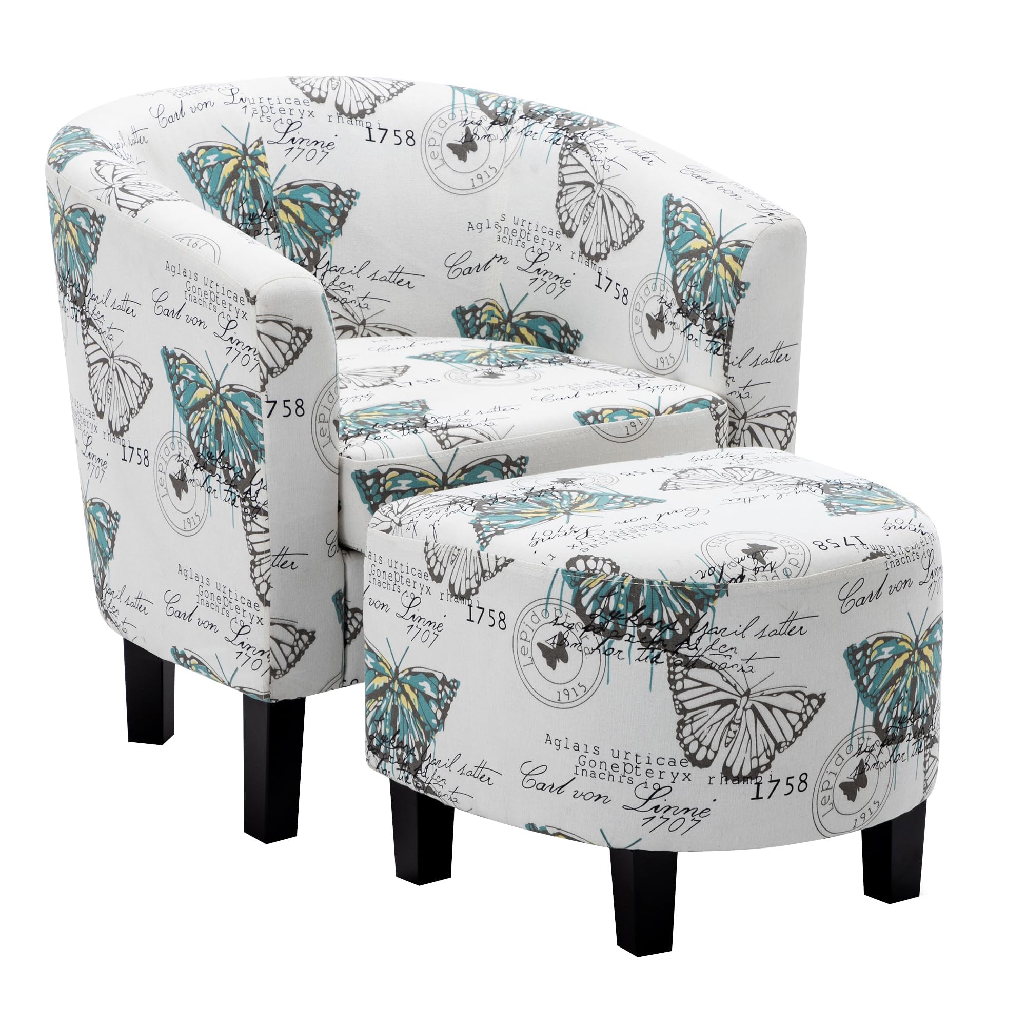 BELLEZE Accent Chair with Ottoman Set, Modern Upholstered Curved Back Chair, Barrel Round Tub Reading Chair and Footrest for Living Room Bedroom - Floral Beige/Linen