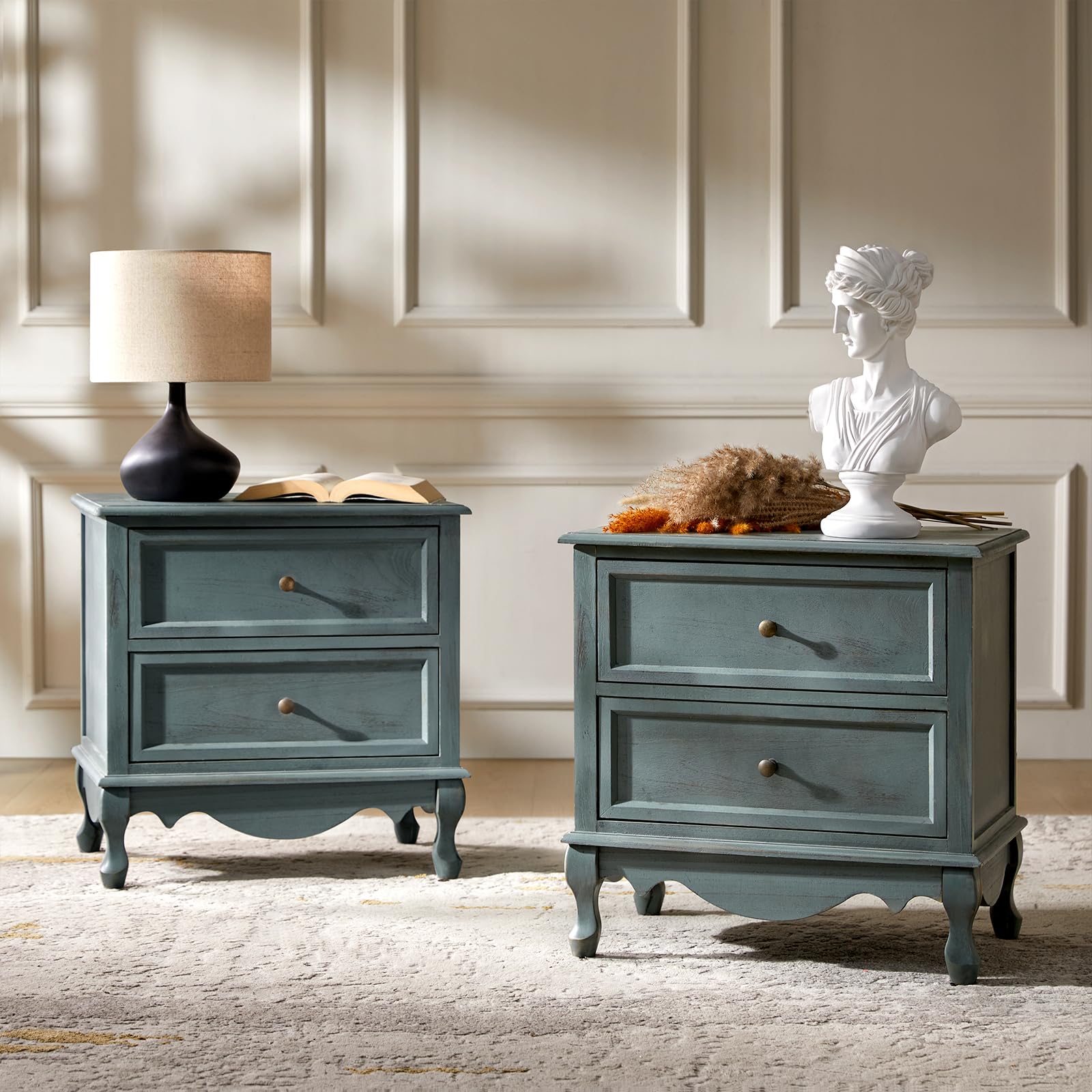 HULALA HOME Solid Wood Nightstand with Charging Station, Vintage Night Stand with Wood Legs and 2 Drawers, French Bedside Table for Bedroom Living Room，Walnut