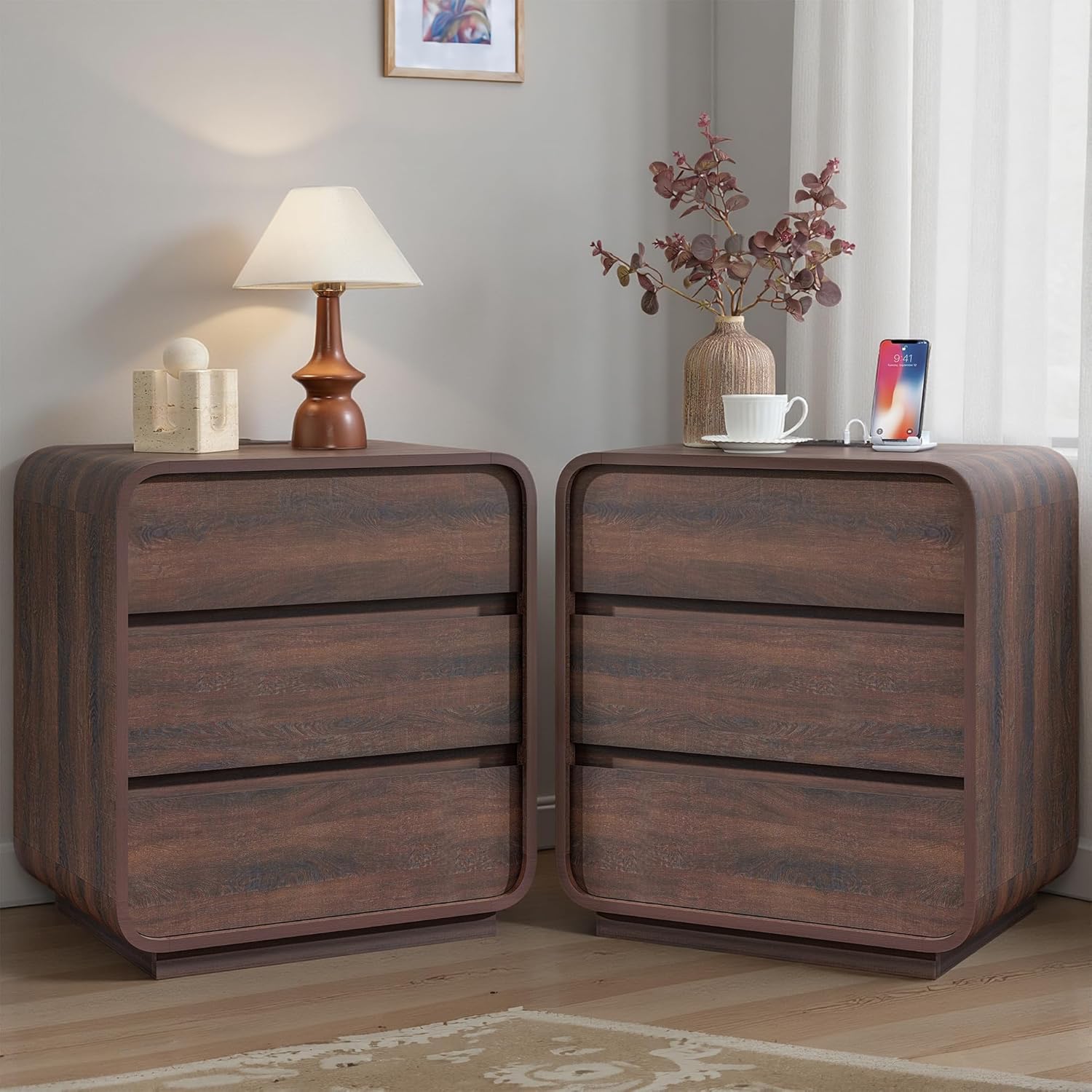 Walnut Curved Nightstand Set of 2, 23.2" Wide Wood Bedside Table with Charging Station, 3 Storage Drawers Night Stand, Large End Table for Bedroom, Living Room, Sofa