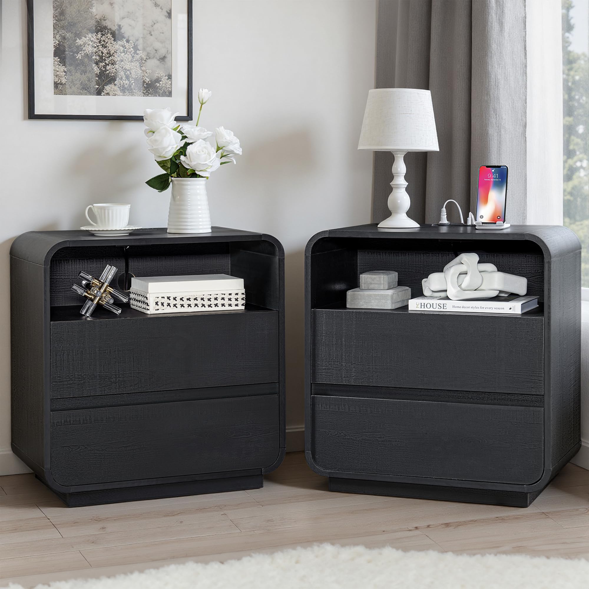 Walnut Curved Nightstand Set of 2, 23.2" Wide Wood Bedside Table with Charging Station, 3 Storage Drawers Night Stand, Large End Table for Bedroom, Living Room, Sofa