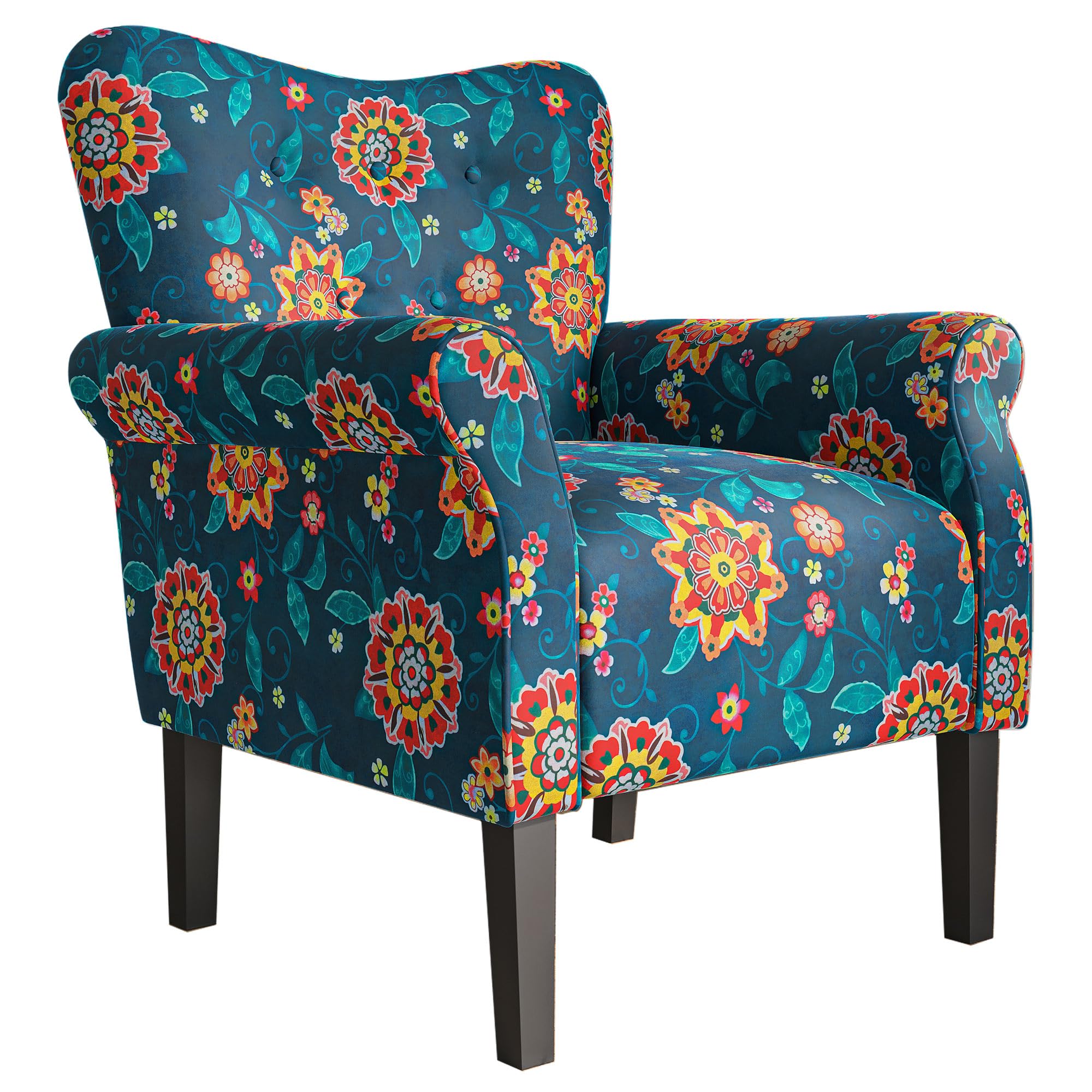 BELLEZE Modern Accent Chair, High Back Armchair, Upholstered Wingback Side Chair, Padded Single Sofa with Wooden Legs for Living Room, Bedroom - Green Blue Floral