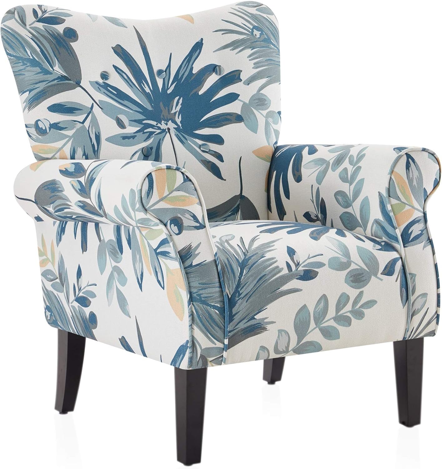 BELLEZE Modern Accent Chair, High Back Armchair, Upholstered Wingback Side Chair, Padded Single Sofa with Wooden Legs for Living Room, Bedroom - Green Blue Floral