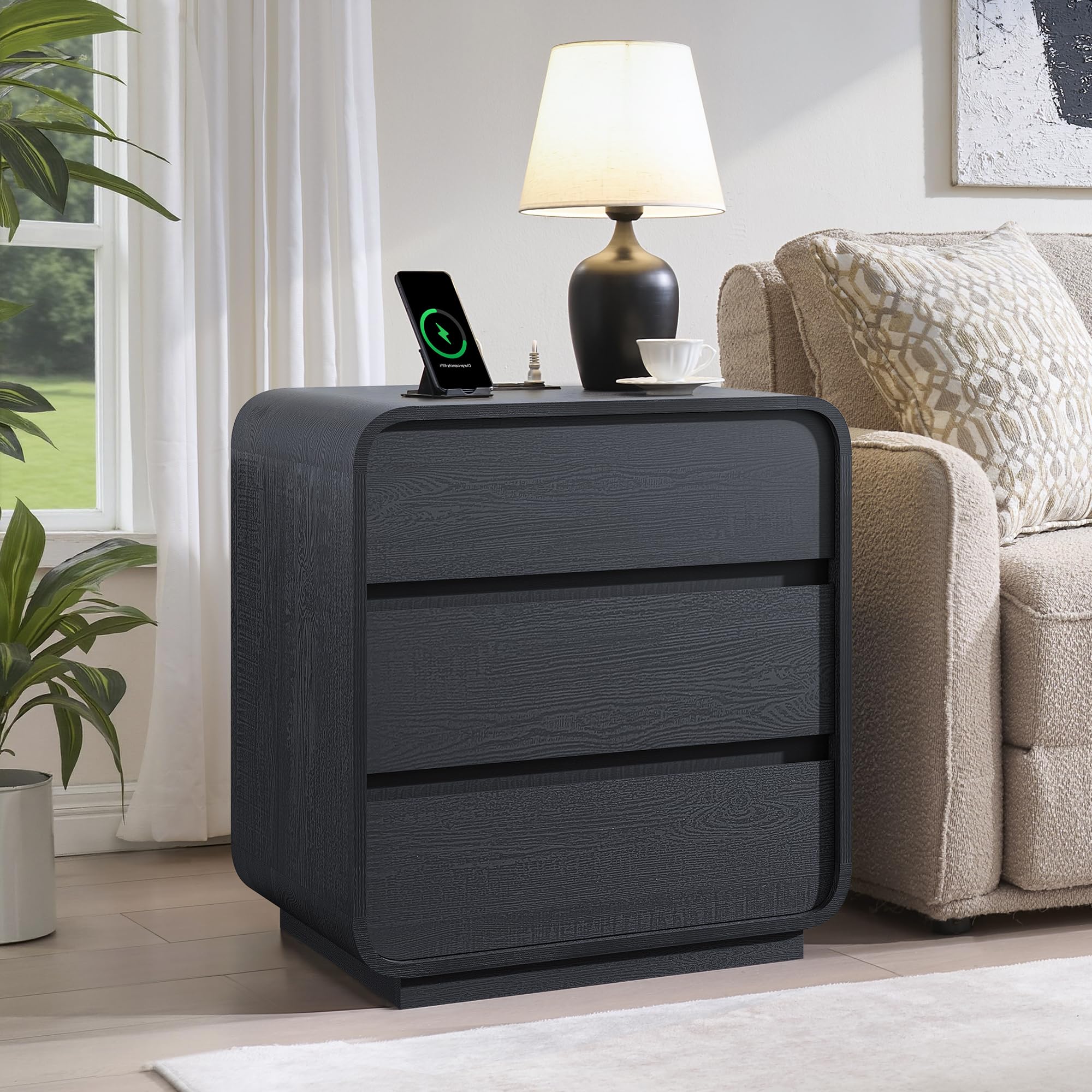 Walnut Curved Nightstand Set of 2, 23.2" Wide Wood Bedside Table with Charging Station, 3 Storage Drawers Night Stand, Large End Table for Bedroom, Living Room, Sofa