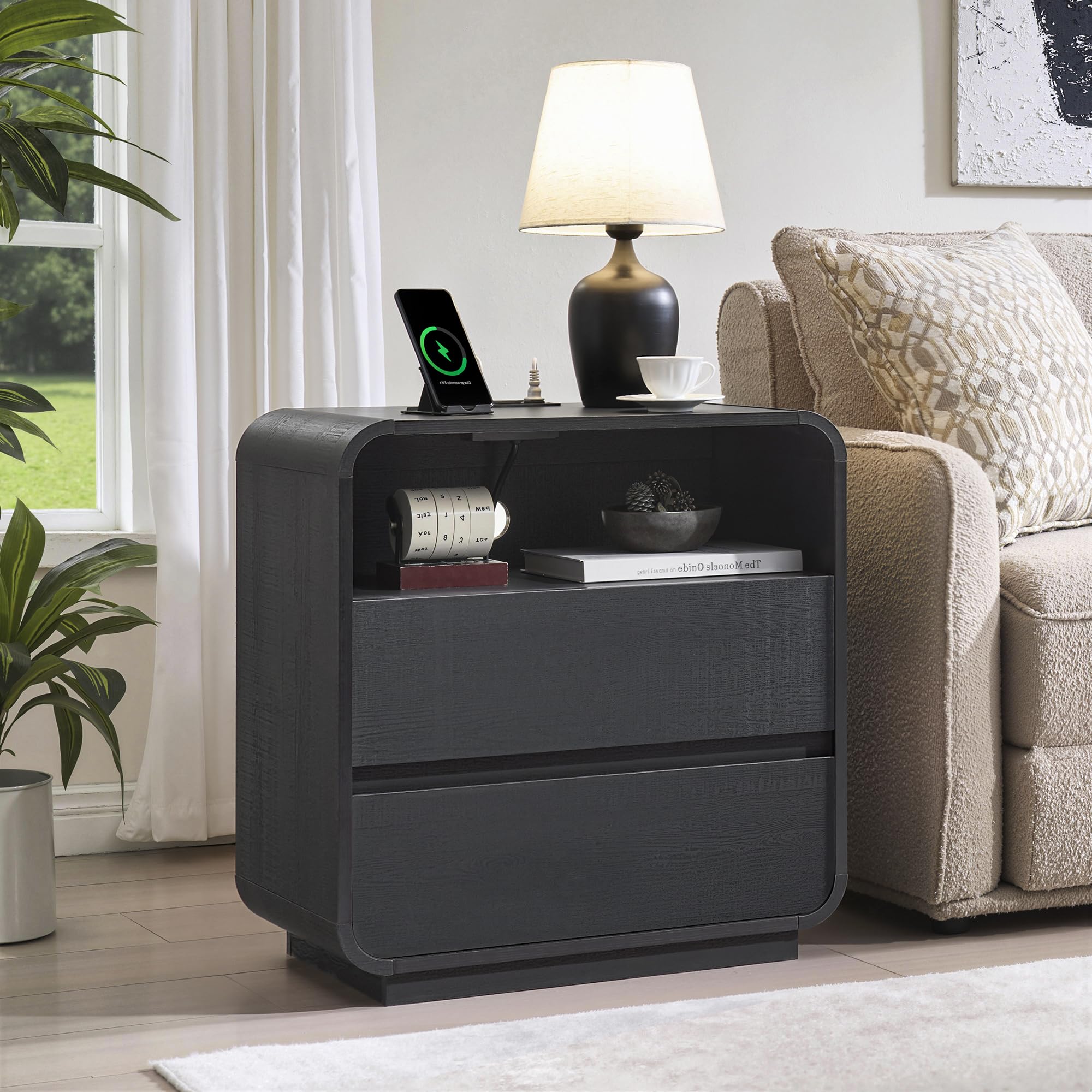 Walnut Curved Nightstand Set of 2, 23.2" Wide Wood Bedside Table with Charging Station, 3 Storage Drawers Night Stand, Large End Table for Bedroom, Living Room, Sofa