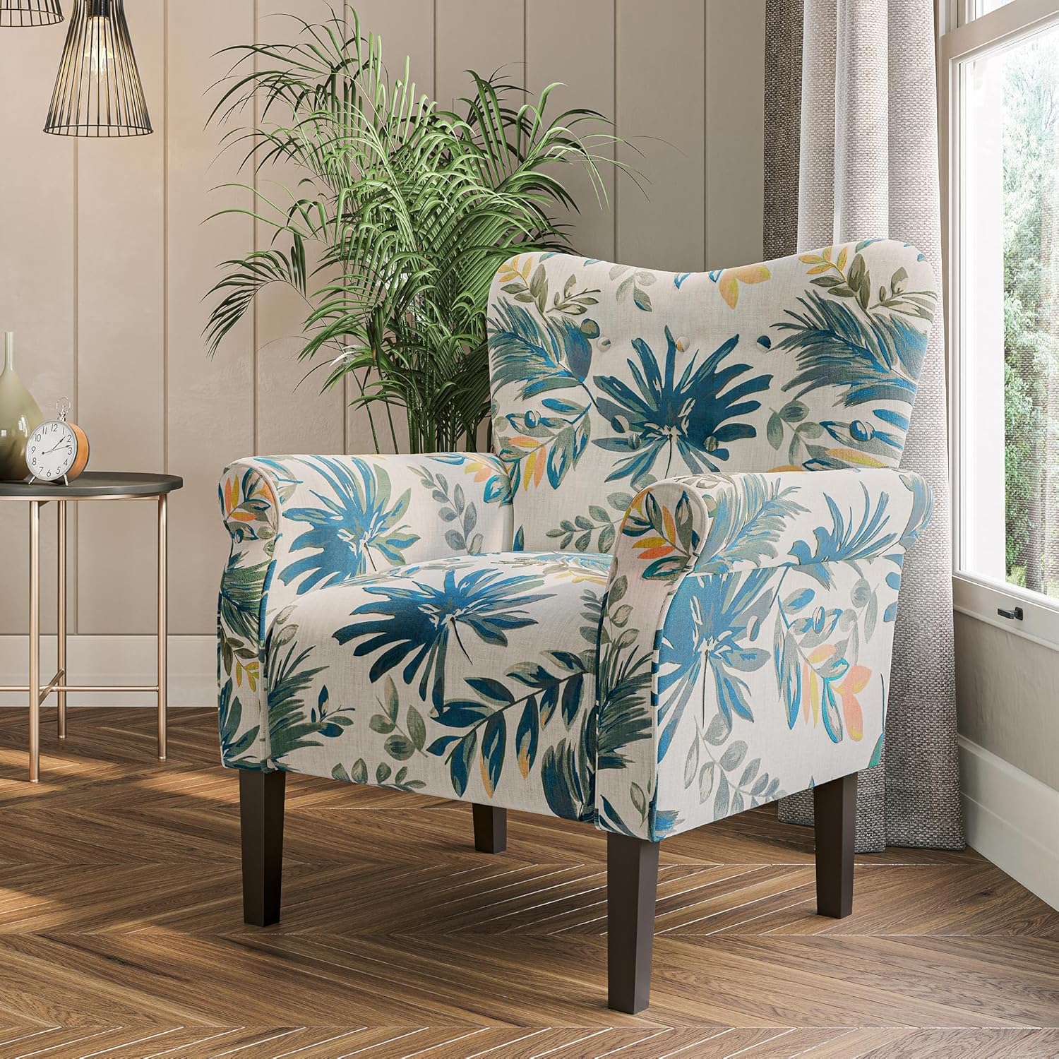 BELLEZE Modern Accent Chair, High Back Armchair, Upholstered Wingback Side Chair, Padded Single Sofa with Wooden Legs for Living Room, Bedroom - Green Blue Floral