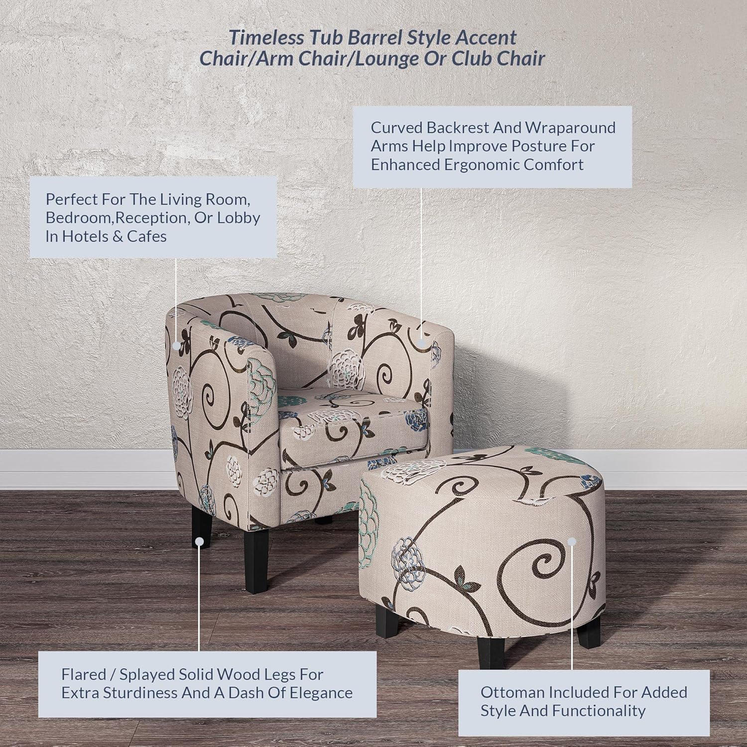 BELLEZE Accent Chair with Ottoman Set, Modern Upholstered Curved Back Chair, Barrel Round Tub Reading Chair and Footrest for Living Room Bedroom - Floral Beige/Linen