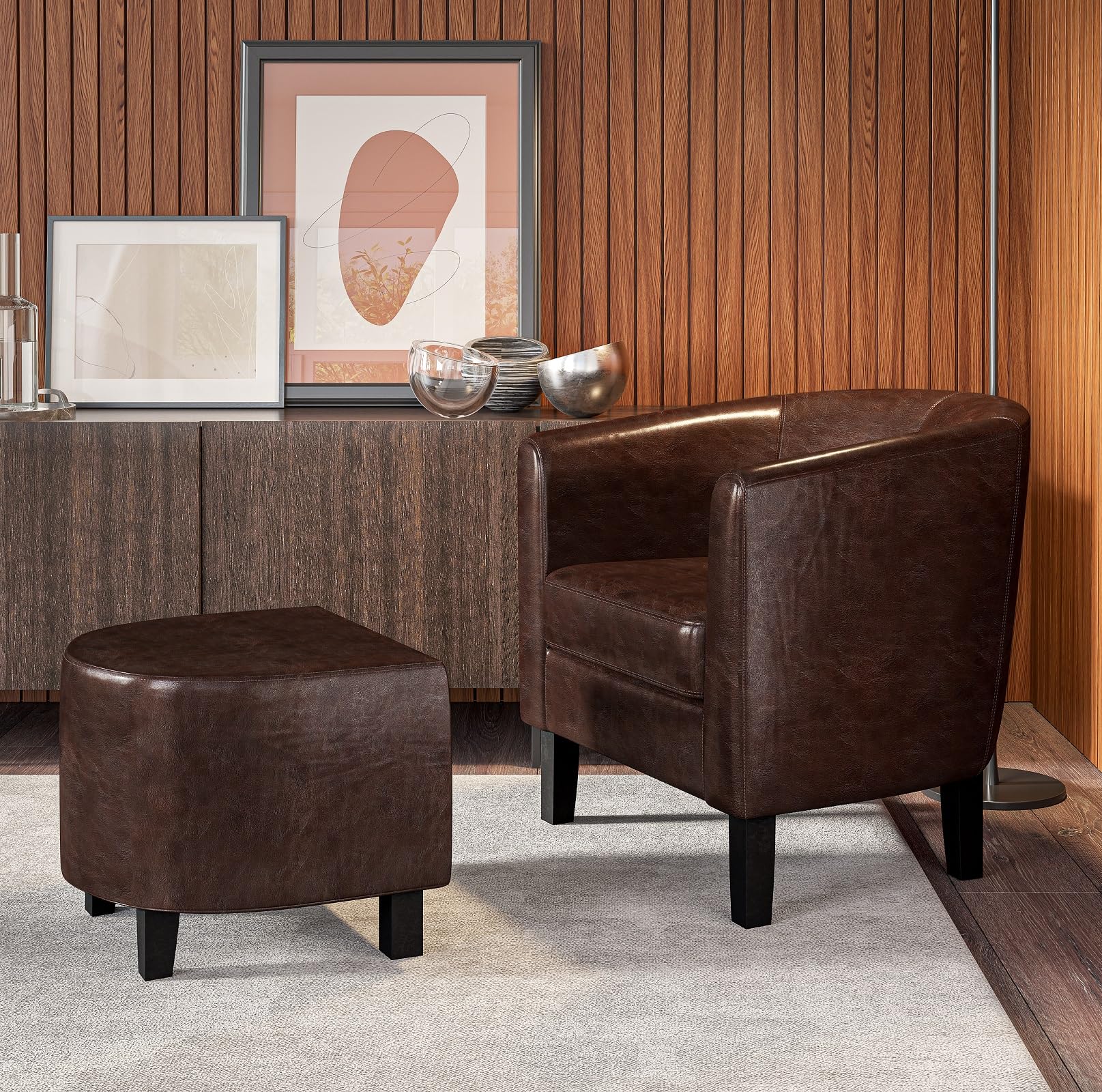 BELLEZE Accent Chair with Ottoman Set, Modern Upholstered Curved Back Chair, Barrel Round Tub Reading Chair and Footrest for Living Room Bedroom - Floral Beige/Linen