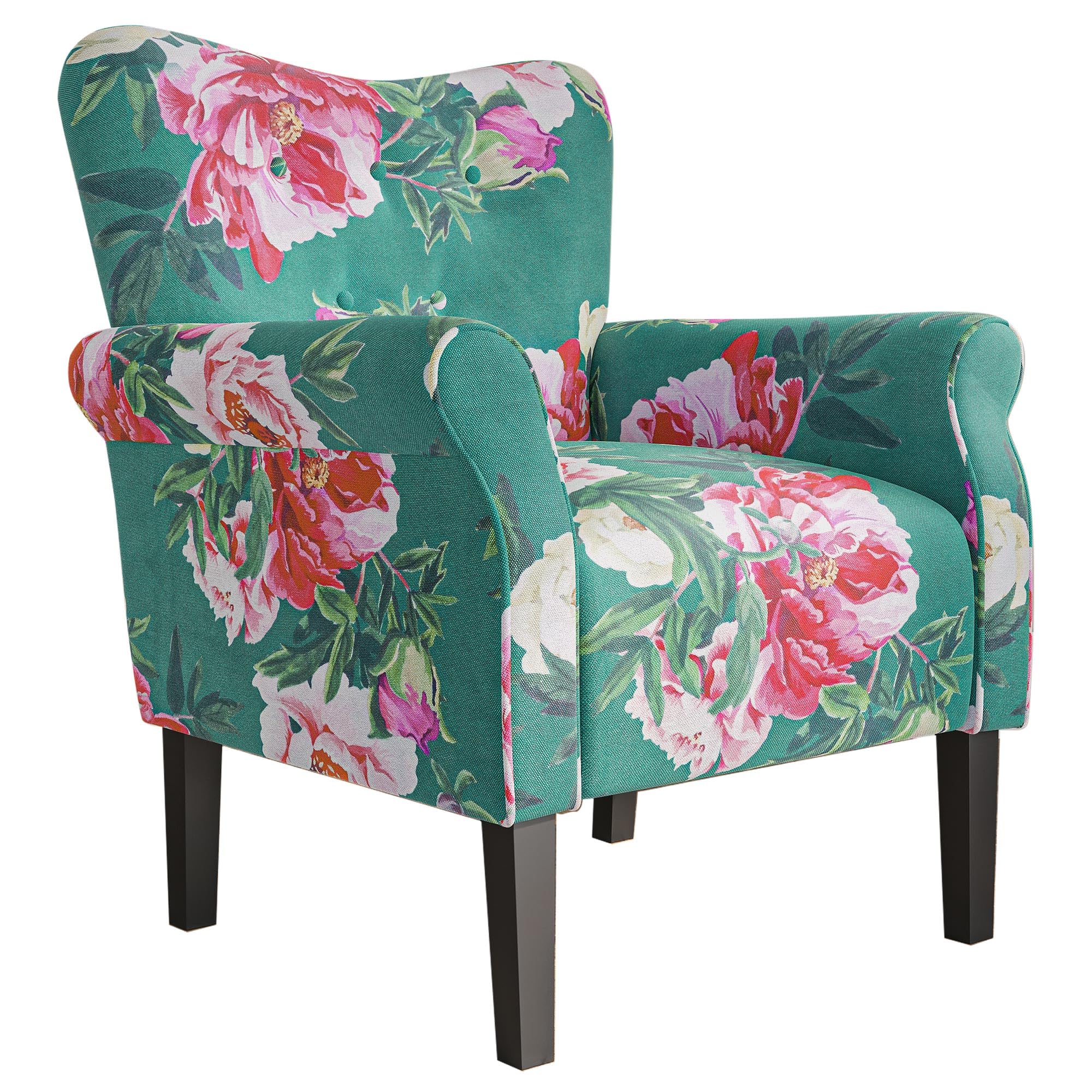 BELLEZE Modern Accent Chair, High Back Armchair, Upholstered Wingback Side Chair, Padded Single Sofa with Wooden Legs for Living Room, Bedroom - Green Blue Floral